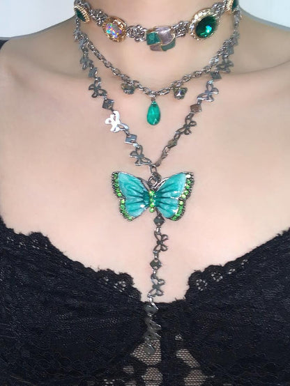 Forest Butterfly Pendant Layered Choker Necklace