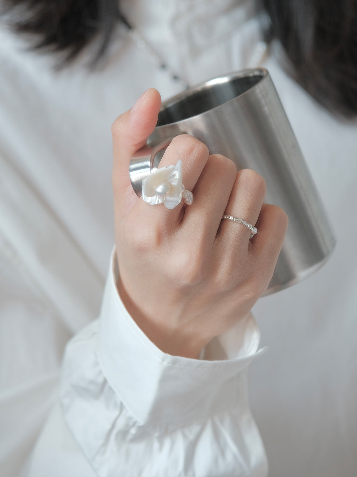 Freshwater Pearl Petal Stacked Elastic Ring