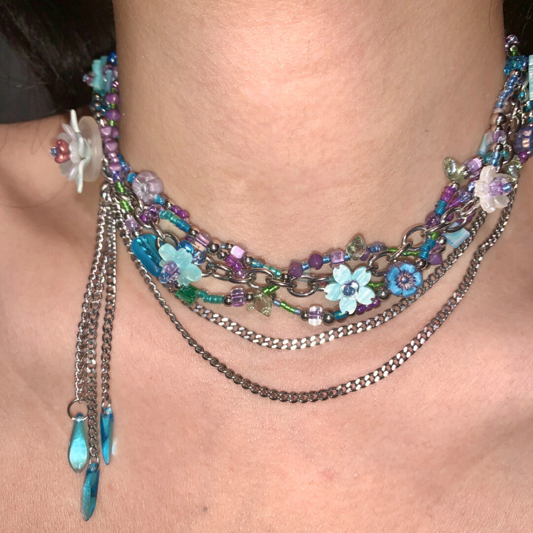 Futuristic Garden Blue Layered Necklace