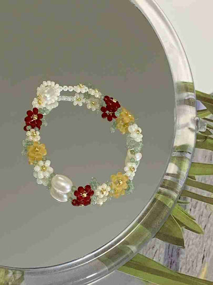 Gardenia and Red Beaded Bracelet