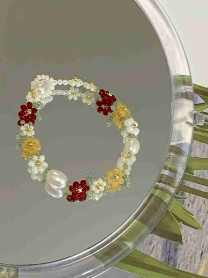 Gardenia and Red Beaded Bracelet