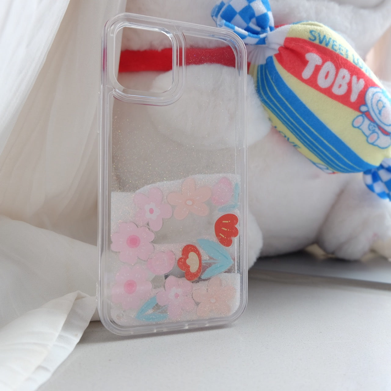 Glitter Quicksand Peach and Flower Phone Case