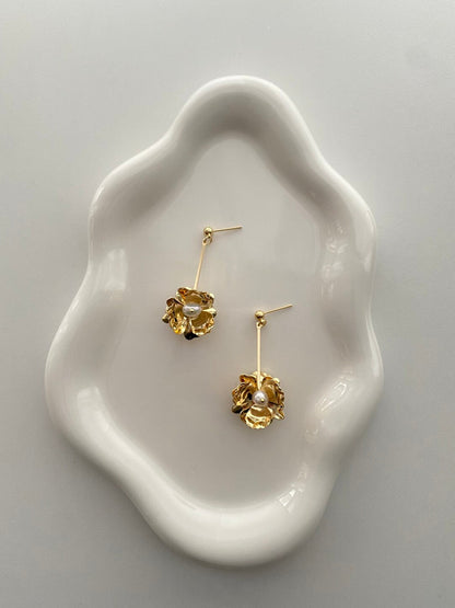Gold Flower Pearl Drop Earrings