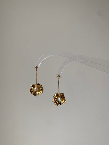 Gold Flower Pearl Drop Earrings