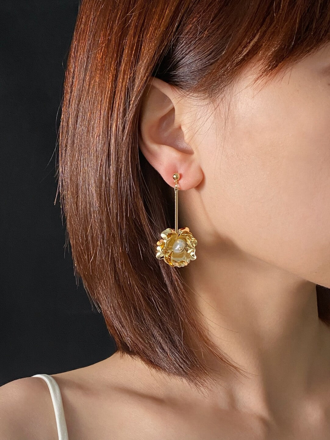 Gold Flower Pearl Drop Earrings