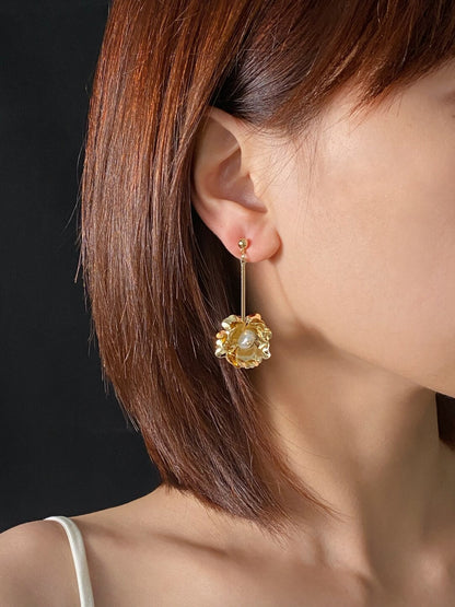 Gold Flower Pearl Drop Earrings