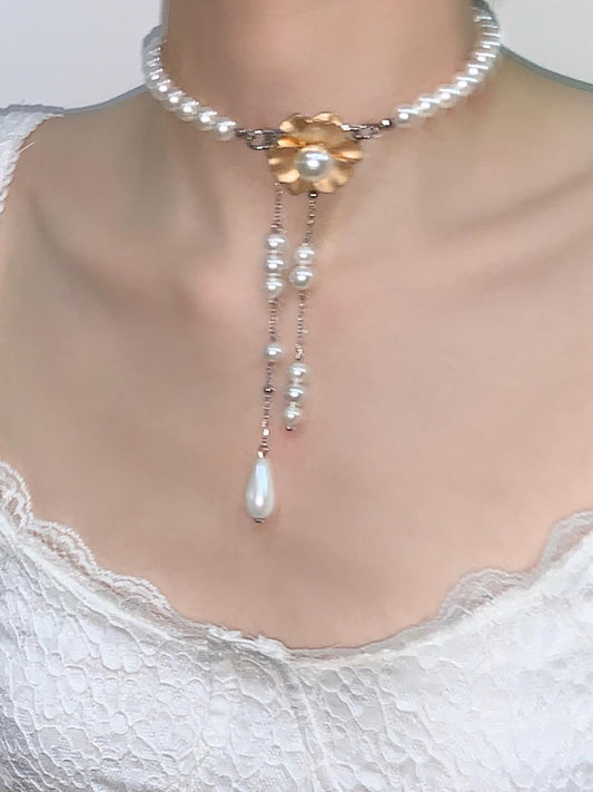 Golden Flower Pearl Tassel Choker