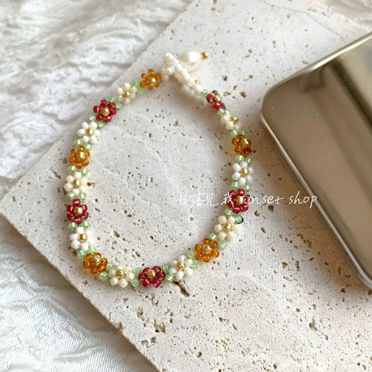 Golden Red Flower Beaded Bracelet