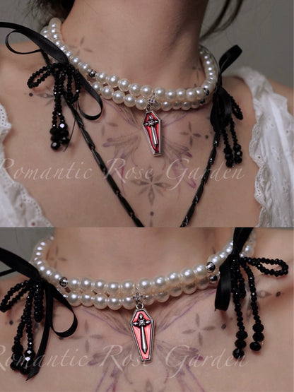 Gothic Ballet Black Bow Three Strand Pearl Choker