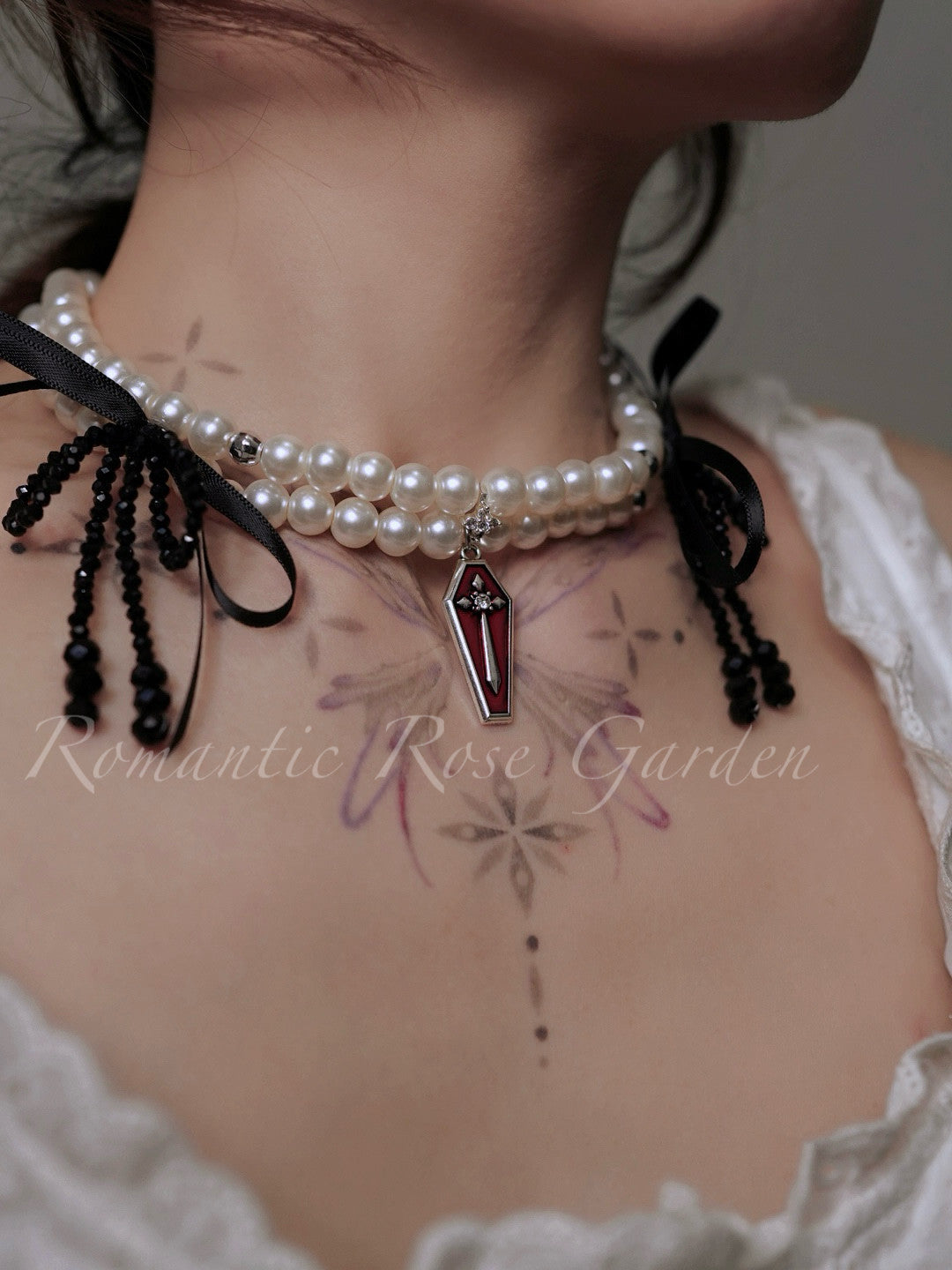 Gothic Ballet Black Bow Three Strand Pearl Choker