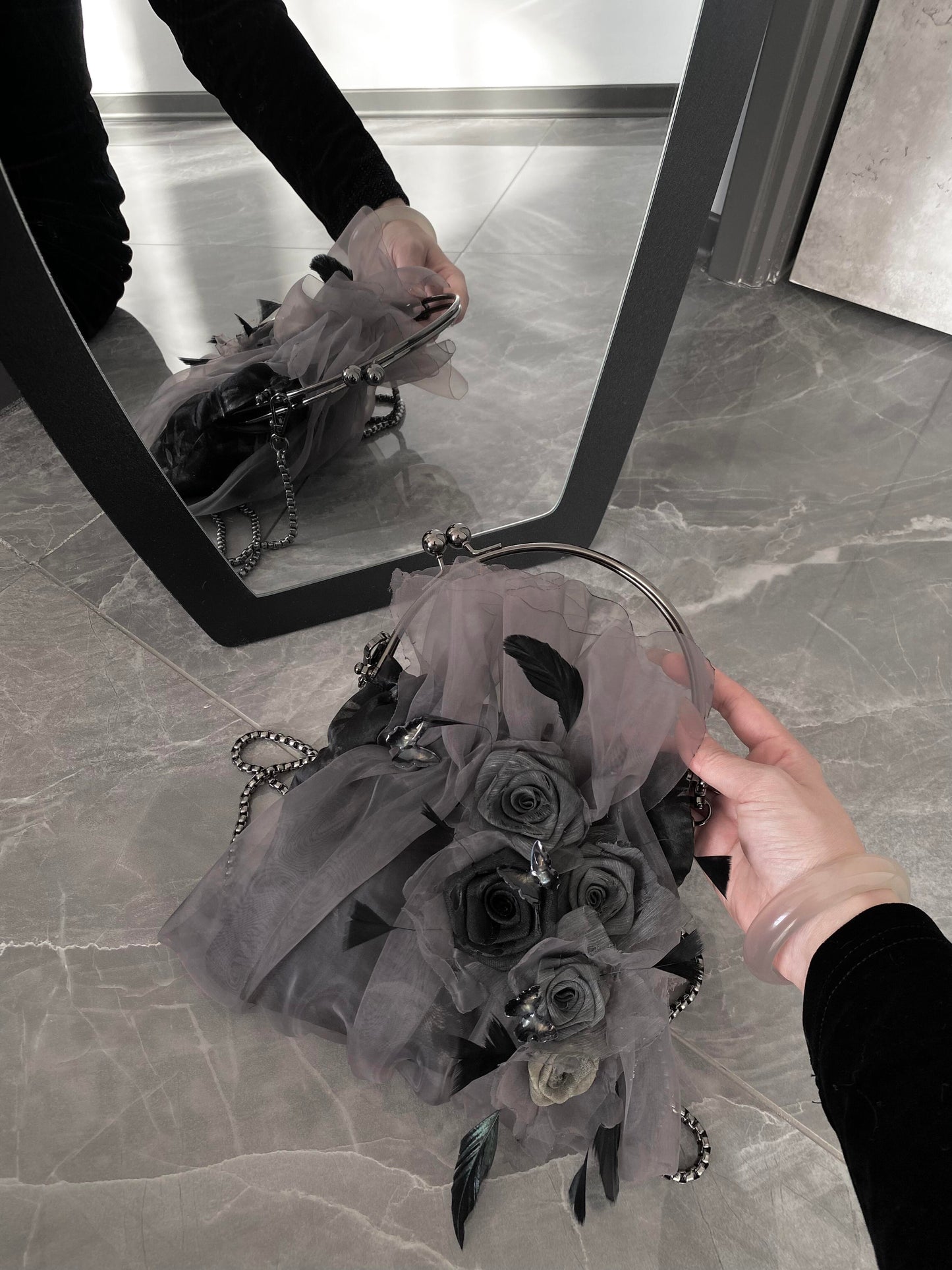 Gothic Rose Feather Kiss-Lock Chain Bag
