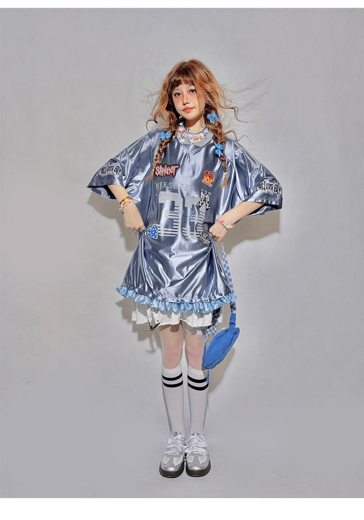 Gray Blue Blokette Ruffled Trim Sports Jersey