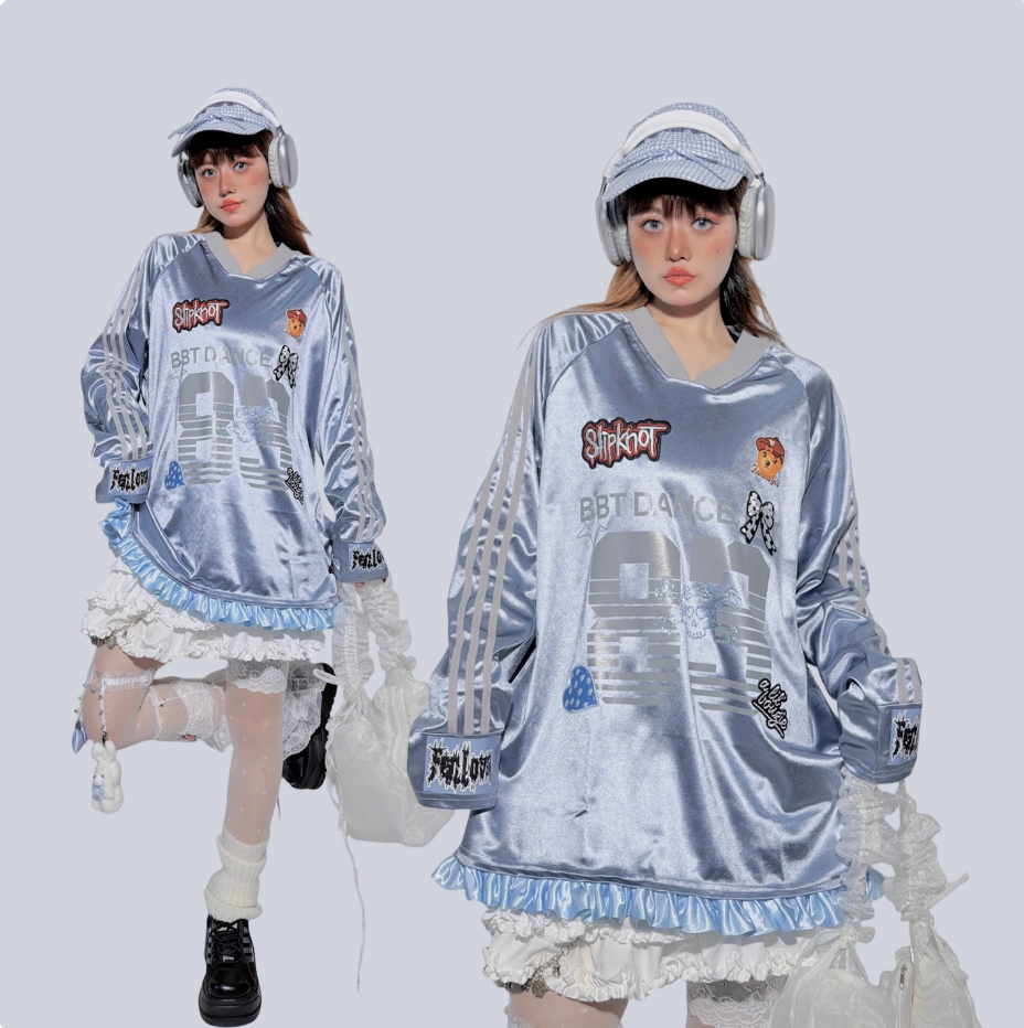 Gray Blue Blokette Ruffled Trim Sports Jersey