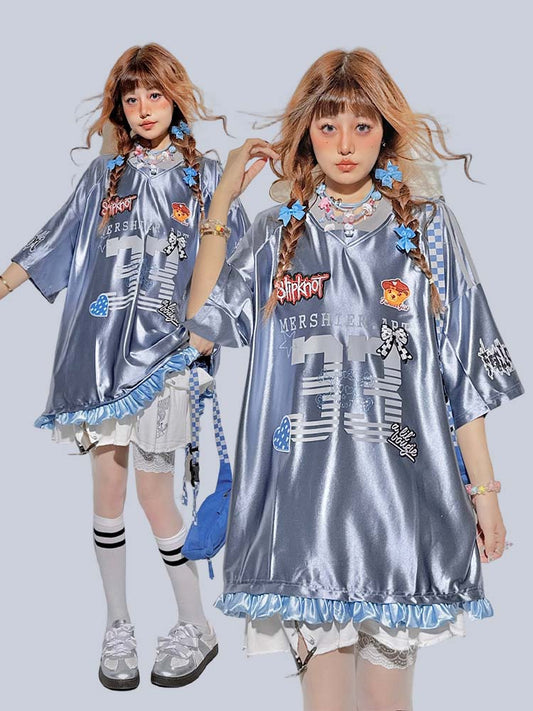 Gray Blue Blokette Ruffled Trim Sports Jersey