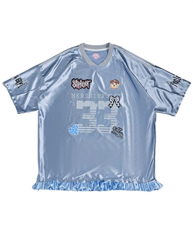 Gray Blue Blokette Ruffled Trim Sports Jersey