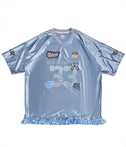 Gray Blue Blokette Ruffled Trim Sports Jersey