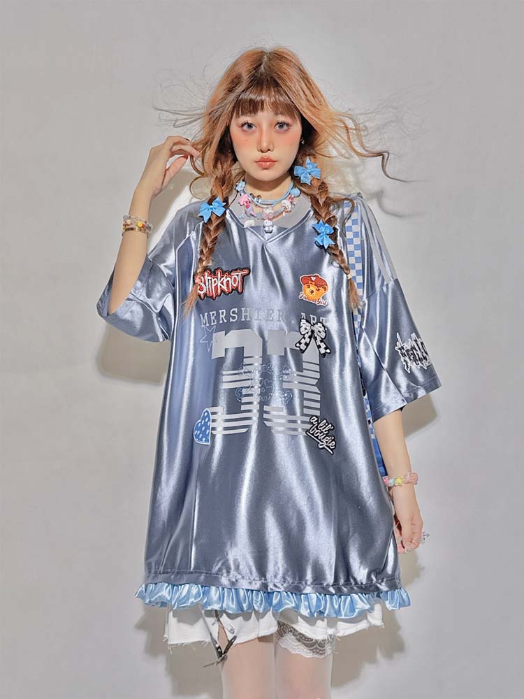 Gray Blue Blokette Ruffled Trim Sports Jersey