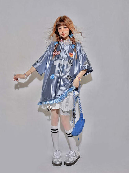 Gray Blue Blokette Ruffled Trim Sports Jersey