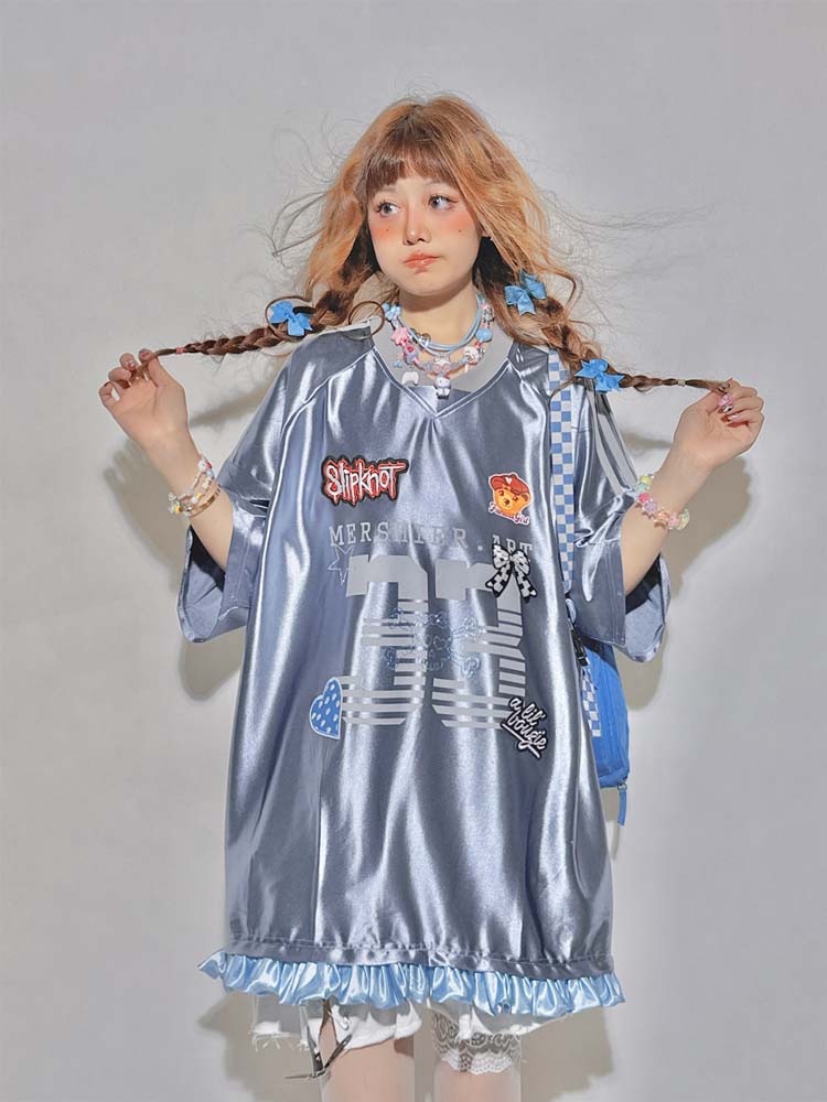 Gray Blue Blokette Ruffled Trim Sports Jersey