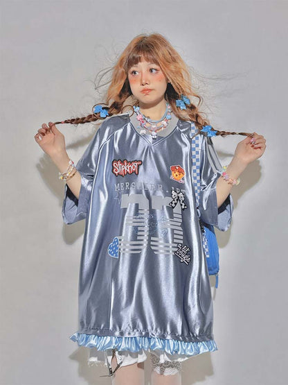 Gray Blue Blokette Ruffled Trim Sports Jersey