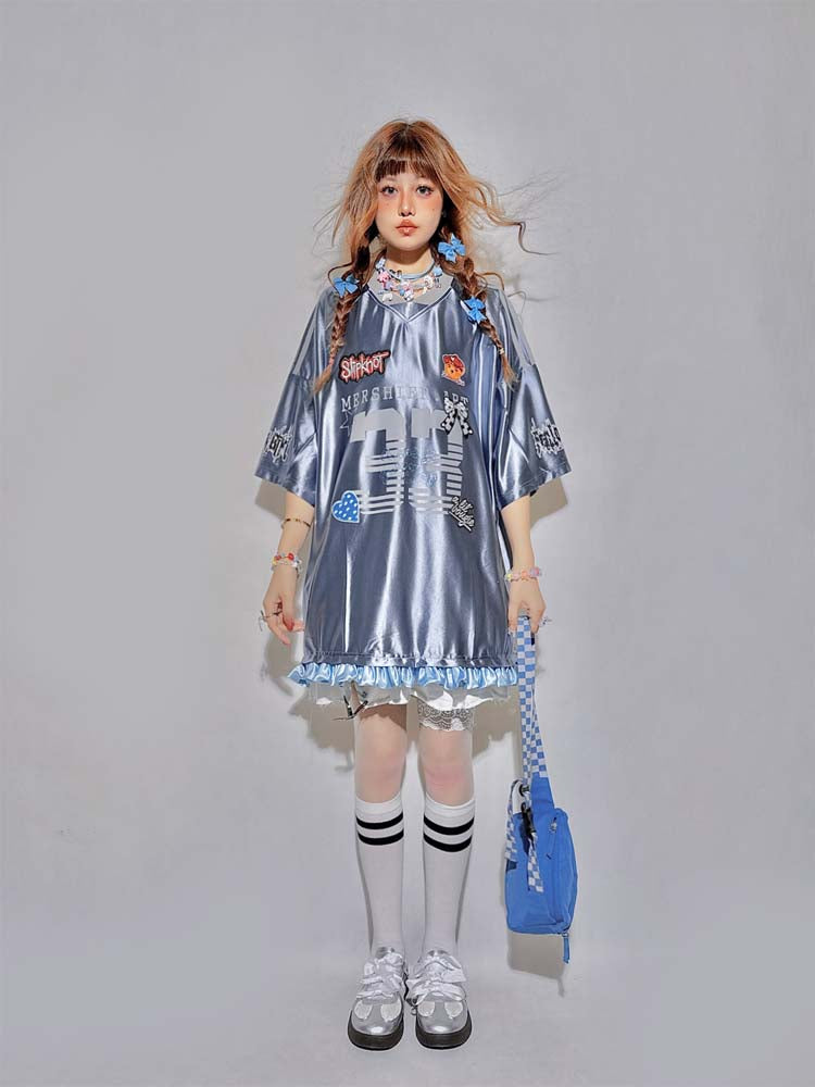 Gray Blue Blokette Ruffled Trim Sports Jersey