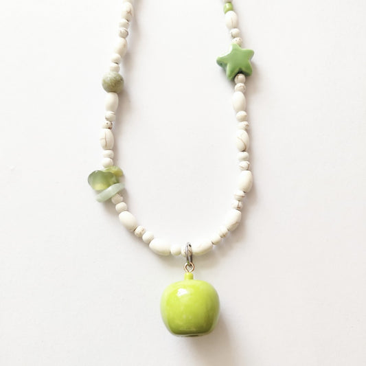 Green Apple Charm White Turquoise Beaded Necklace