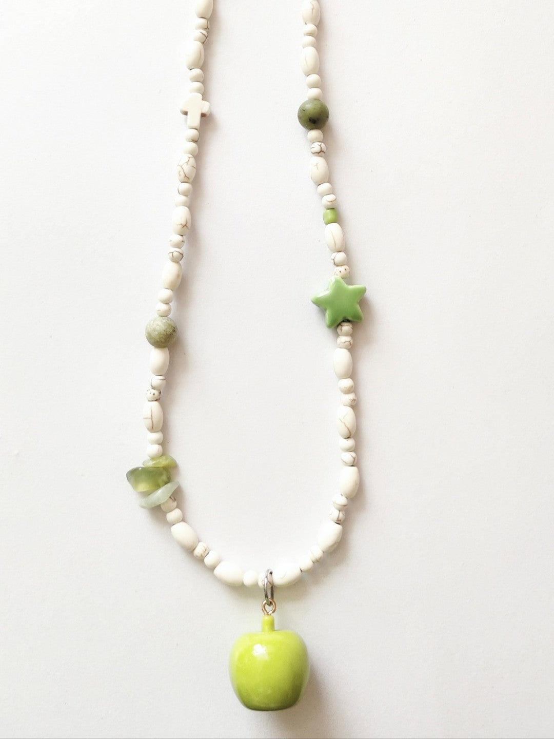 Green Apple Charm White Turquoise Beaded Necklace