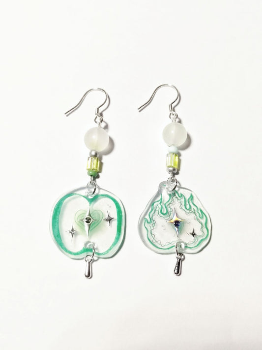 Green Apple Fire Asymmetric Shrink Plastic Earring