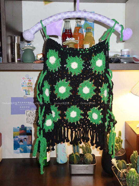 Green Black Flower Tassel Handmade Crochet Top