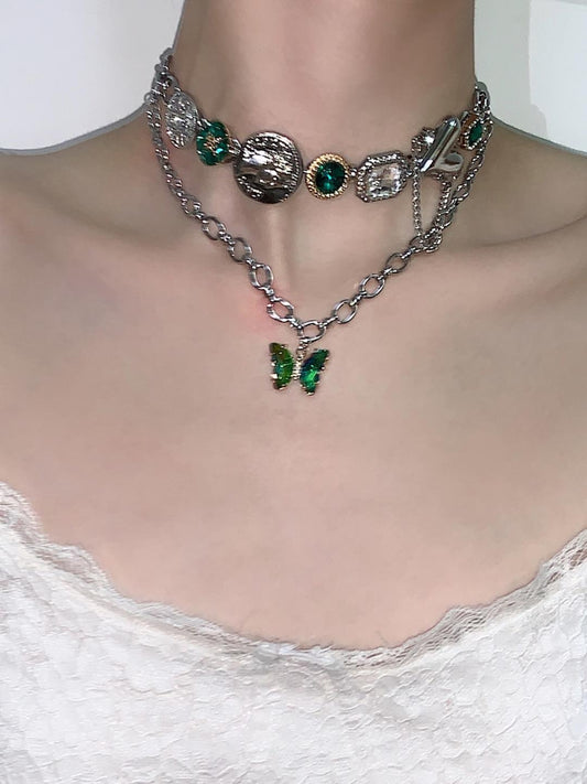 Green Butterfly Layered Tassel Choker