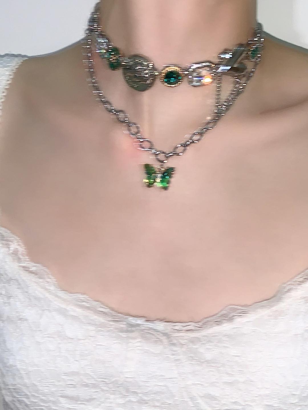 Green Butterfly Layered Tassel Choker