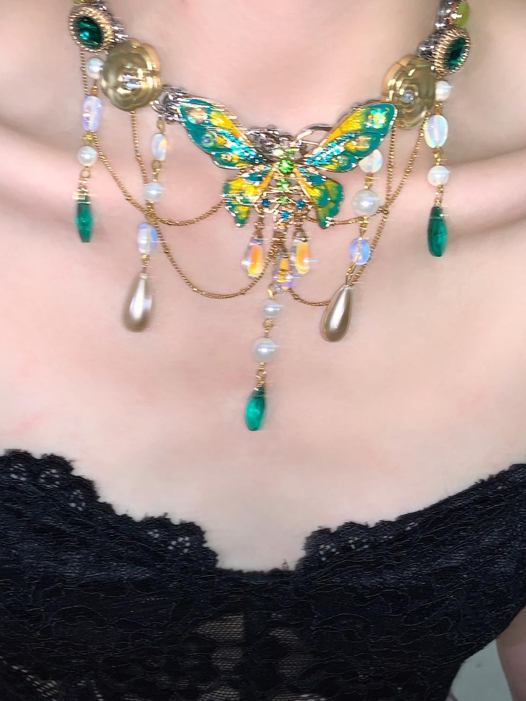 Green Butterfly Layered Tassel Choker
