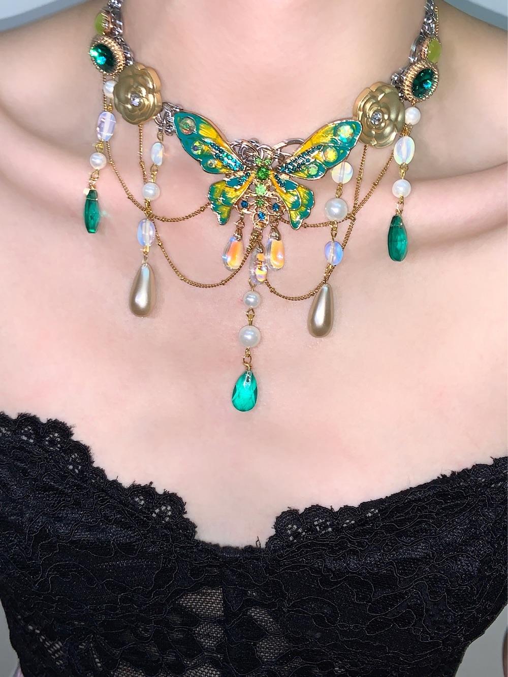Green Butterfly Layered Tassel Choker