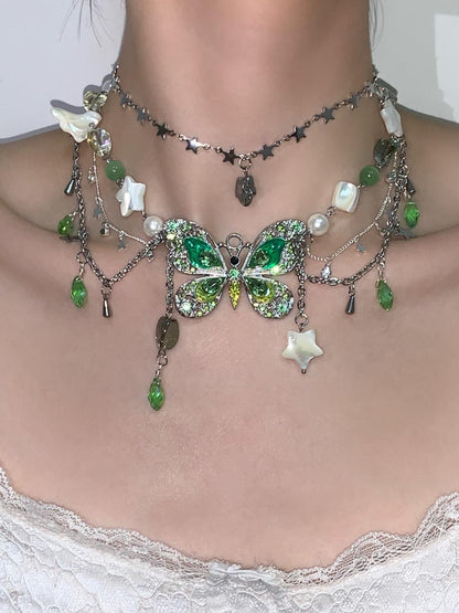 Green Butterfly Pendant Tassel Layered Necklace Waist Chain