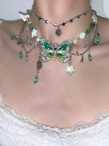 Green Butterfly Pendant Tassel Layered Necklace Waist Chain