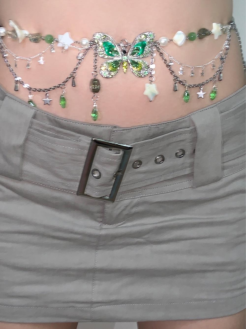 Green Butterfly Pendant Tassel Layered Necklace Waist Chain