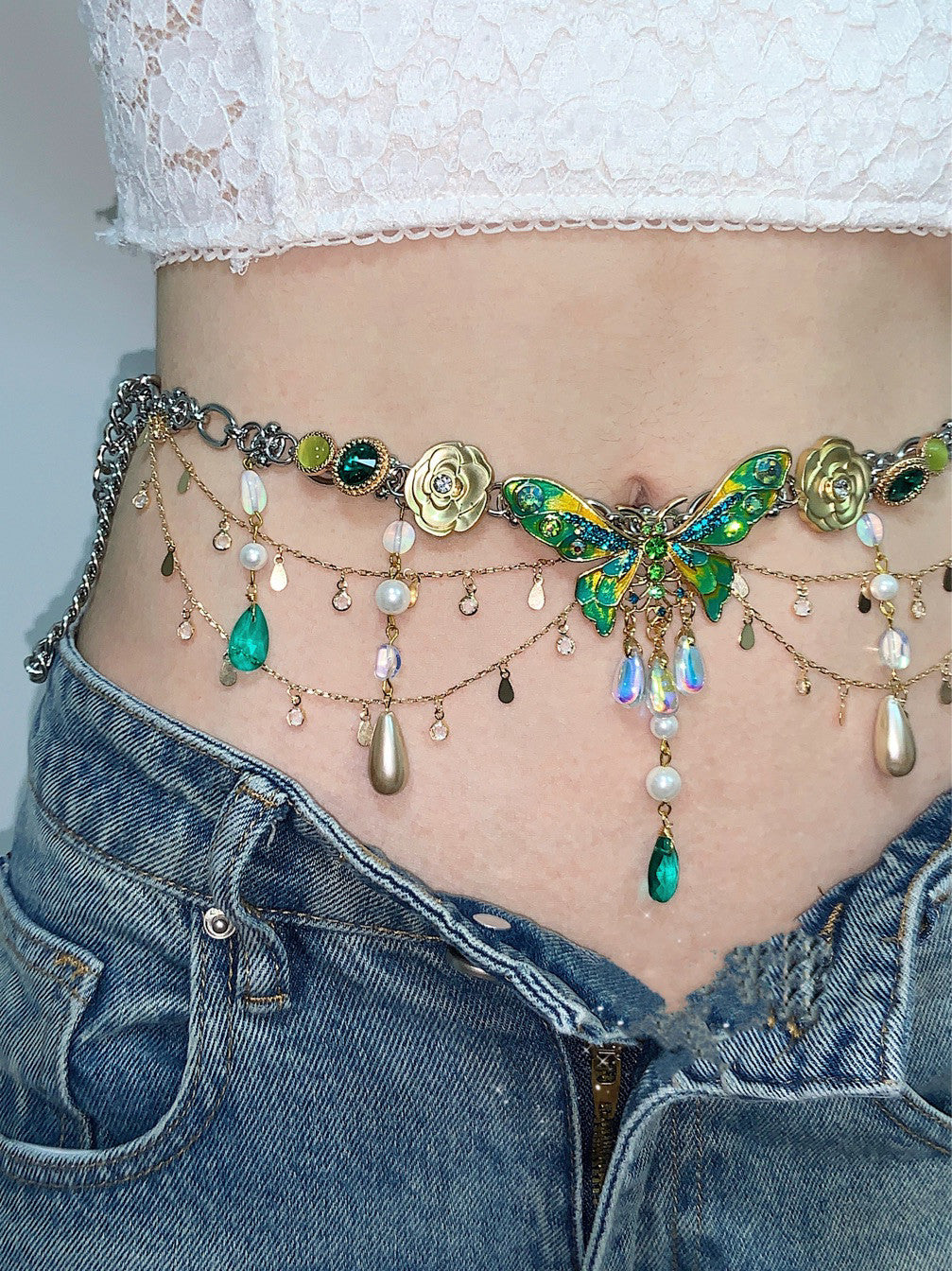 Green Butterfly Pendant Tassel Layered Necklace Waist Chain