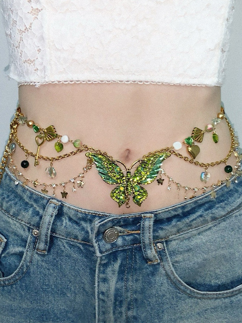 Green Butterfly Pendant Tassel Layered Necklace Waist Chain