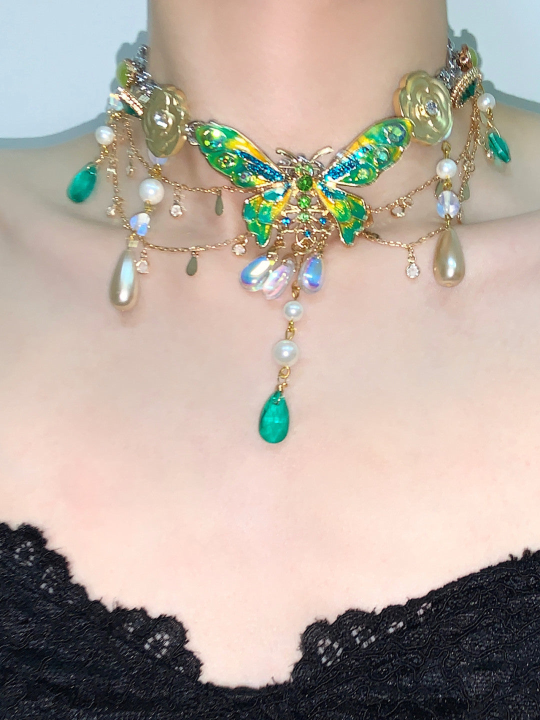 Green Butterfly Pendant Tassel Layered Necklace Waist Chain