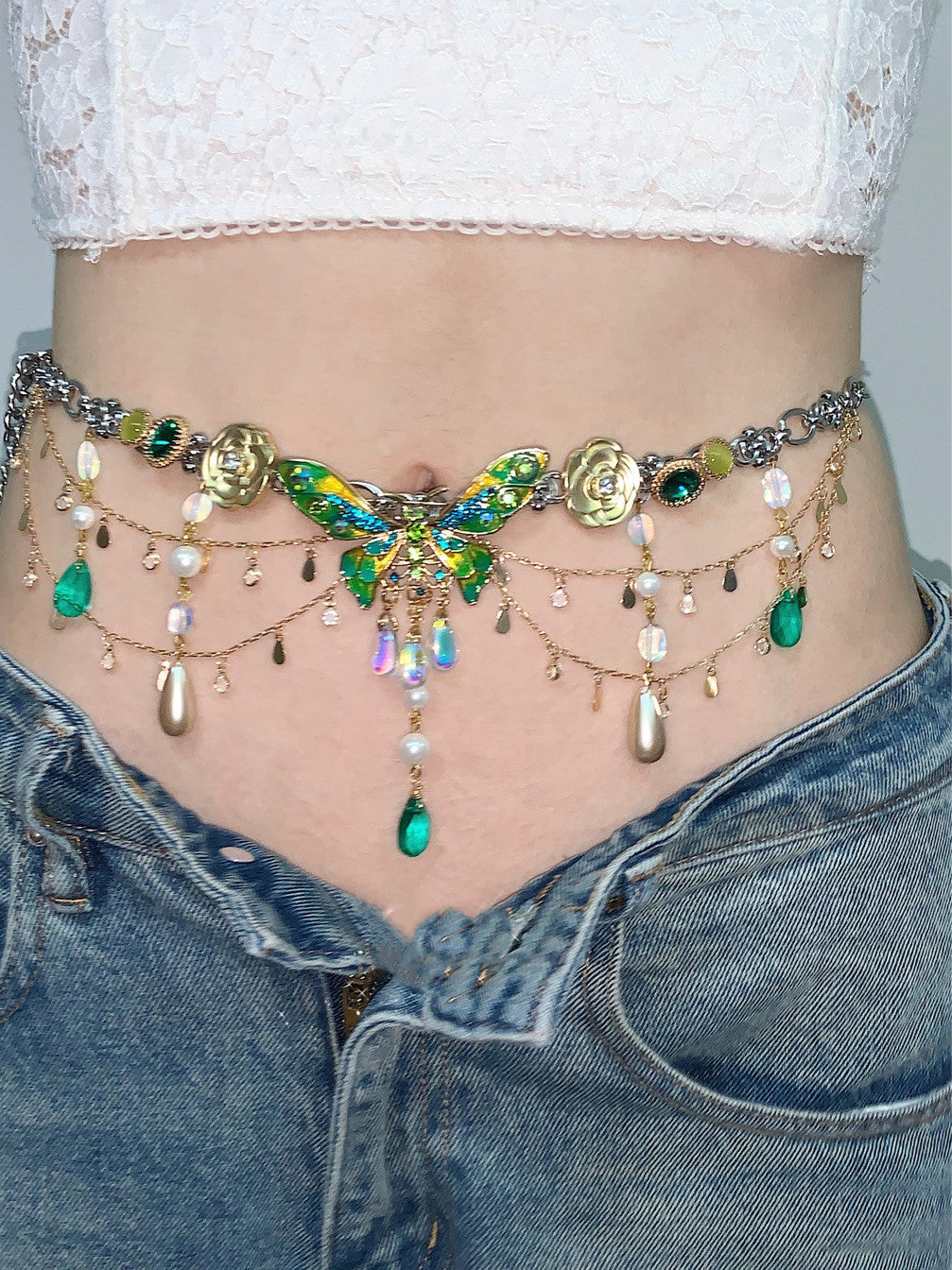 Green Butterfly Pendant Tassel Layered Necklace Waist Chain