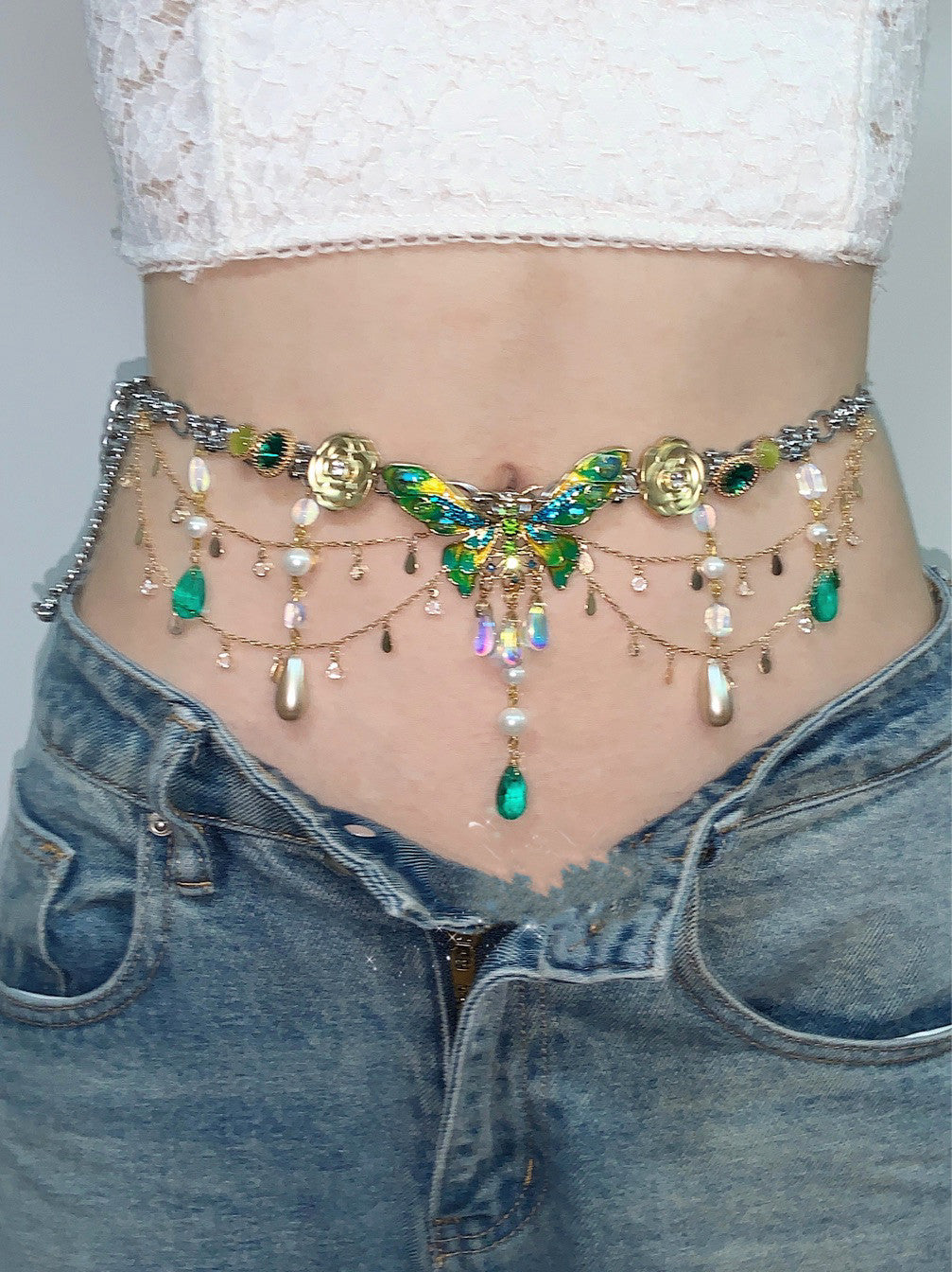 Green Butterfly Pendant Tassel Layered Necklace Waist Chain