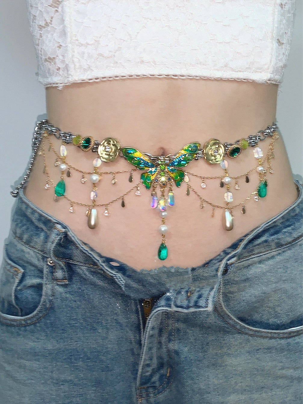 Green Butterfly Pendant Tassel Layered Necklace Waist Chain