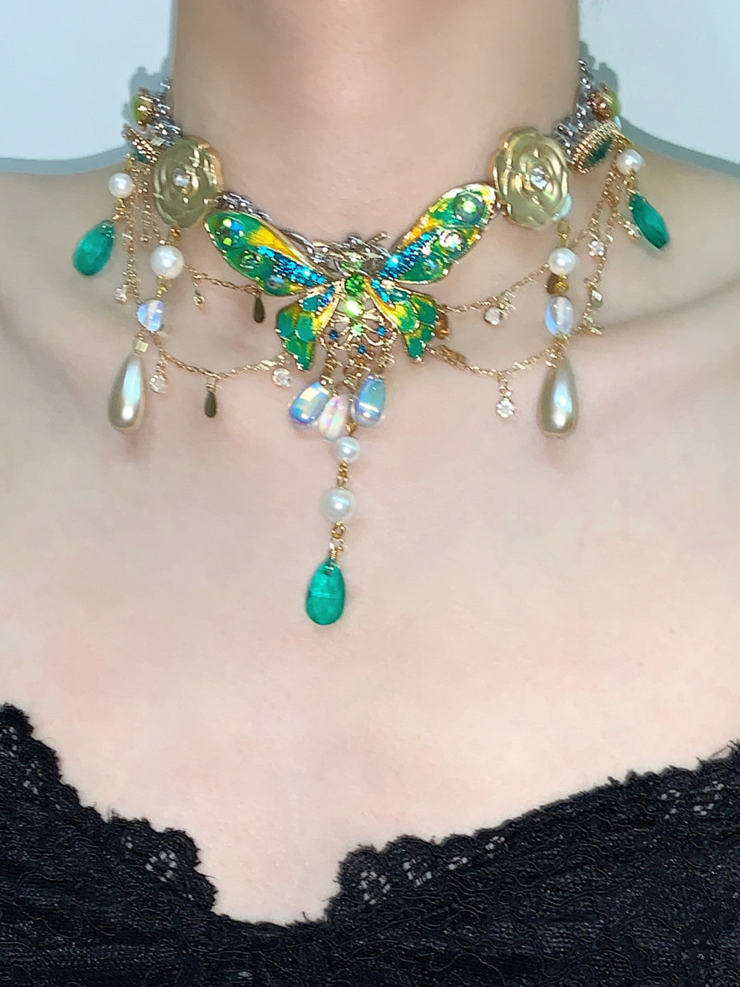 Green Butterfly Pendant Tassel Layered Necklace Waist Chain
