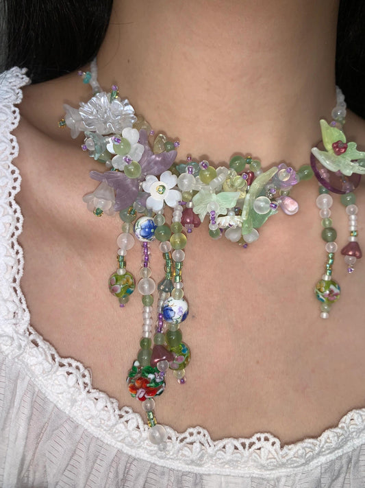 Green Floral Bloom Maximalist Beaded Tassel Necklace