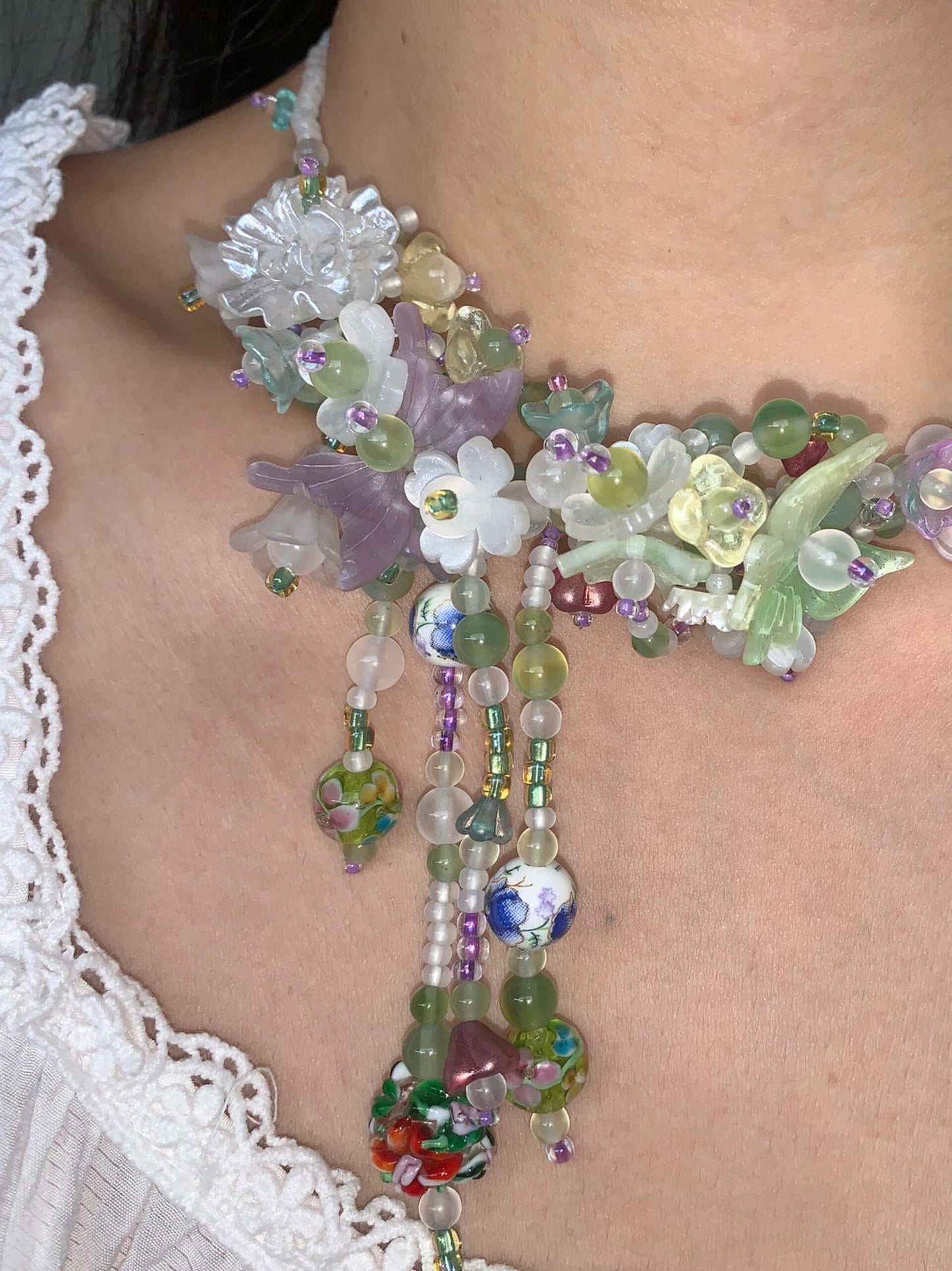 Green Floral Bloom Maximalist Beaded Tassel Necklace