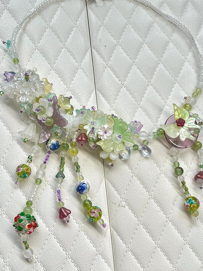 Green Floral Bloom Maximalist Beaded Tassel Necklace