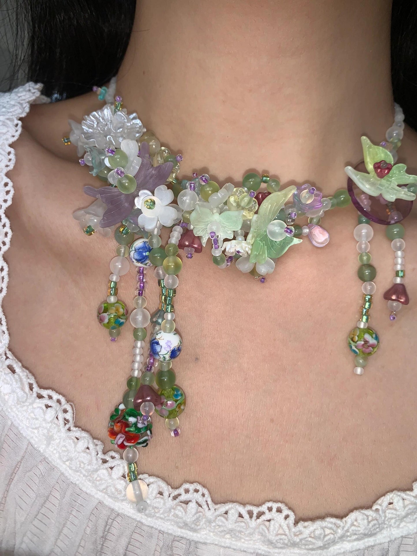 Green Floral Bloom Maximalist Beaded Tassel Necklace