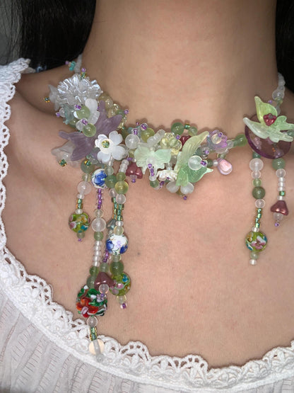 Green Floral Bloom Maximalist Beaded Tassel Necklace