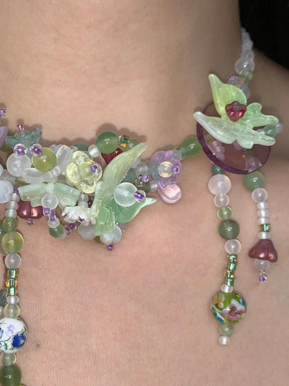 Green Floral Bloom Maximalist Beaded Tassel Necklace