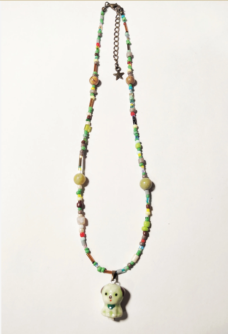 Green Puppy Beaded Necklace